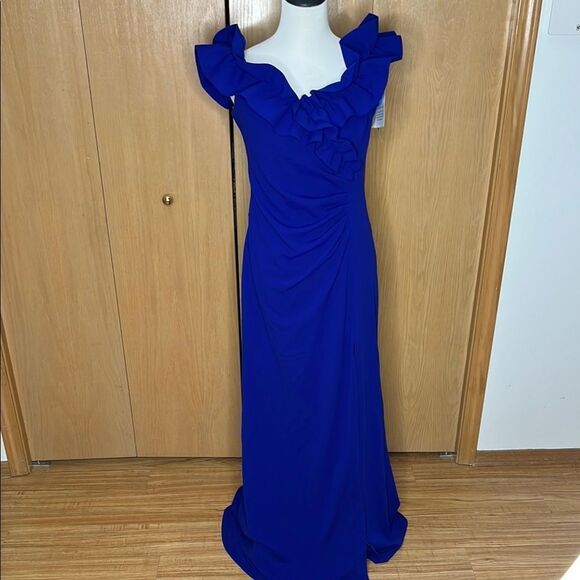 Xscape Women's Long Stretch Scuba Crepe Ruffle Collar Ruched Dress Size 14 NWT - Picture 2 of 13